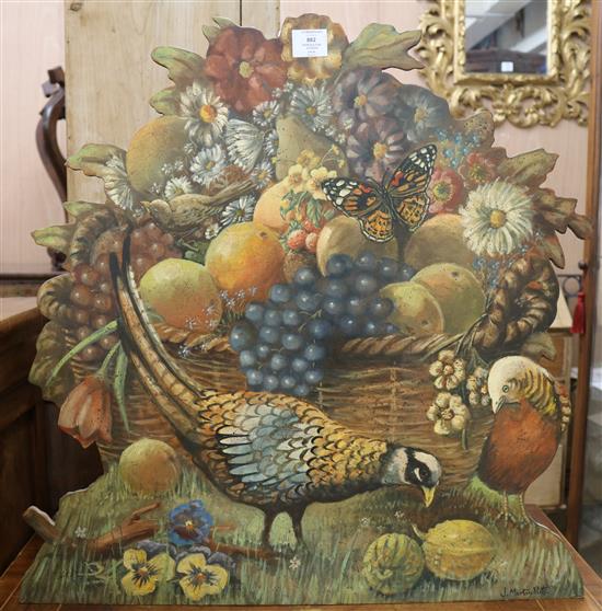 A painted fire screen, of a pheasant and still life